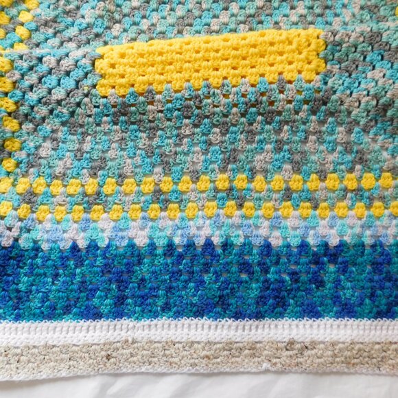 Handmade Crochet Afghan Knit Throw Lap Blanket 50 x 52 "  Blue Yellow Turquoise - Picture 5 of 6